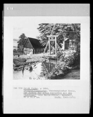 Das Äußere der alten Mahlmühle mit dem "Schützen" (die Heitz-Mühle; Unterheiligenhofen, Oberbergischer Kreis)