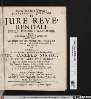 Dissertatio Iuridica De Iure Reverentiali Eiusque Effectibus Generalibus