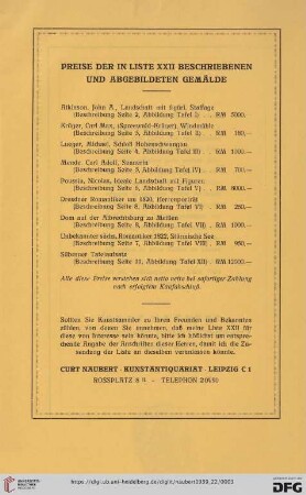 Preise der in Liste XXII beschriebenen und abgebildeten Gemälde