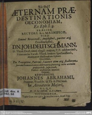 Aeternam praedestinationis oeconomiam, ex Eph. I. 4