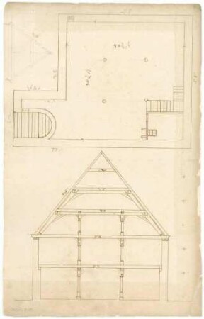 Drei Grundrisse (Skizze, Federzeichnung, lavierte Federzeichnung) und Aufriss (Folio)