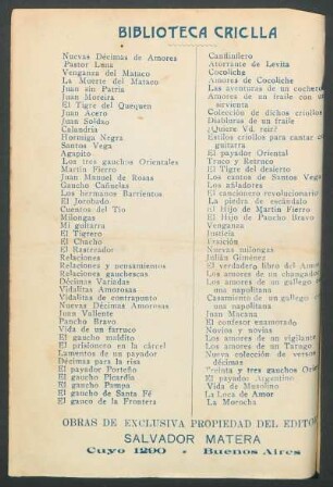 [Obras publicadas de la] Biblioteca criolla