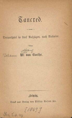 Tancred : Trauerspiel in fünf Aufzügen, nach Voltaire