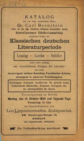 Leo Liepmannssohn, Antiquariat. [2.] 1895, 14. Okt.