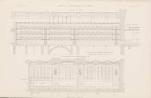 Reichstag, Berlin Bücherei: Schnitt AB 1:150, Grundriss der oberen Büchergeschosse 1:175 (aus: Atlas zur Zeitschrift für Bauwesen, hrsg. v. Ministerium der öffentlichen Arbeiten, Jg. 48, 1898)