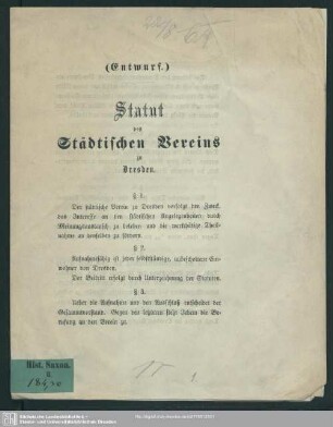 Entwurf : Statut des städtischen Vereins zu Dresden