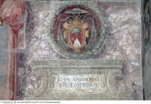 Ruinenlandschaften und Wappen von Mitgliedern der Familie Cesi, Bischofswappen des Giovanni Andrea Cesi