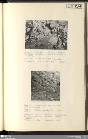 Abb. 63 Fein verteilte fusitische (?) Substanz im Kalkspat einer Kluftfüllung ("Kamm") Abb. 64 "Auerswälder Kohle", wohl eine Algenkohle