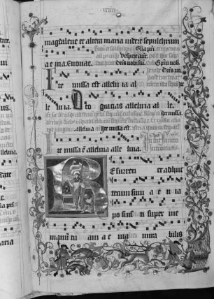 Graduale (Benediktinerhandschrift) — Textseite mit historisierter Initiale und Jagdszenen in der Bordüre, Folio 94recto