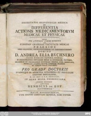Dissertatio Inavgvralis Medica De Differentia Actionis Medicamentorvm Medicae Et Physicae