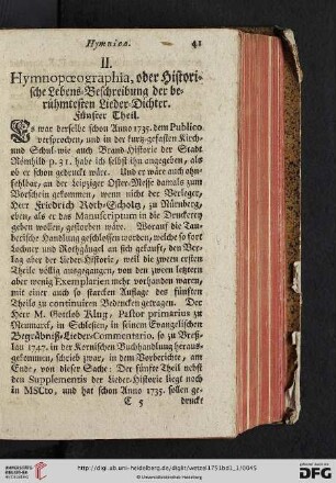 II. Hymnopoeographia, oder Historische Lebens = Beschreibung der berühmtesten Lieder = Dichter. Fünfter Theil