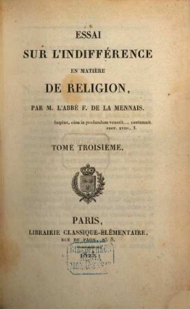 Essai sur l'indifférence en matière de religion, 3