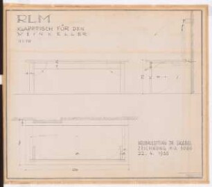 Reichsluftfahrtministerium, Berlin: Weinkeller L4: Klapptisch Ansichten, Grundriss 1:10
