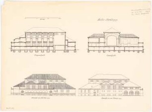 Kasino für eine Arbeiterkolonie Monatskonkurrenz Oktober 1912: Aufriss Straßenansicht, Gartenansicht, Längsschnitt, Querschnitt 1:200