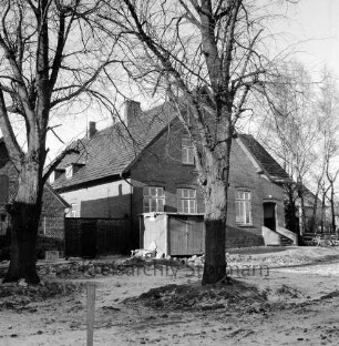 Volksschule: Schulkoppel: altes Schulgebäude: davor Baubude: vorn und hinten rechts Bäume: Winter