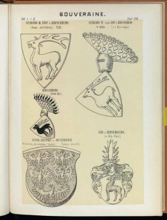 Taf. 136. Gebhard III. Graf v. Hirschberg. (Siegel, schildförmig) 1253. - Gebhard IV. letzter Graf v. Hirschberg (n.d. Reitersiegel.) - Hirschberg. (Zürcher Rolle.) - Herzog Leupolt v. Oesterreich. Als einer der "drei mildesten Fürsten." (Puchberg'sches W.-B.) - Graf v. Hirschberg. (n. Wig. Hund.)