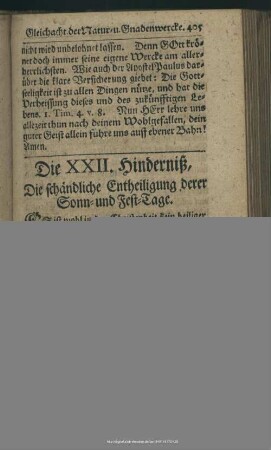 Die XXII. Hinderniß. Die schändliche Entheiligung derer Sonn- und Fest-Tage