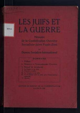 Les Juifs et la guerre : Mémoire de la Confédération ouvrière socialiste juive Poalé-Zion au Bureau socialiste international
