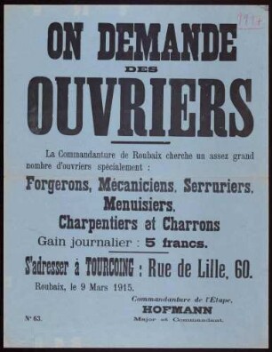 "On demande des Ouvriers" (Nr. 63, Vorderseite, gedruckt)