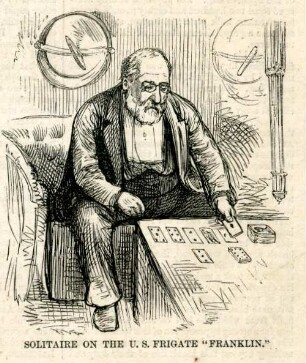 Solitaire on the U.S. frigate Franklin : Tweed spielt in einer Schiffskajüte Karten