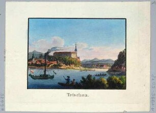 Tetschen an der Elbe in Böhmen (heute Děčín in Tschechien), Blick von Bodenbach über die Elbe auf das Schloss, aus Andenken an die Sächsische Schweiz von C. A. Richter 1820