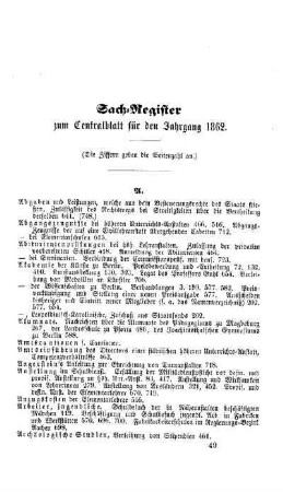 Sach-Register zum Centralblatt für den Jahrgang 1862