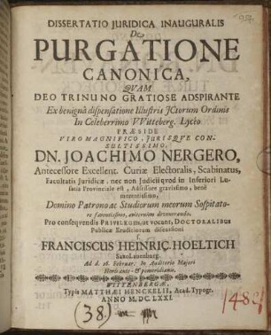 Dissertatio Iuridica Inauguralis De Purgatione Canonica