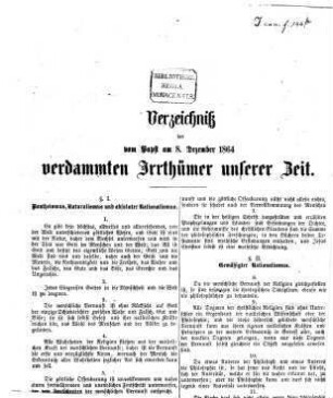 Verzeichniß der vom Papst am 8. Dez. 1864 verdammten Irrthümer unserer Zeit
