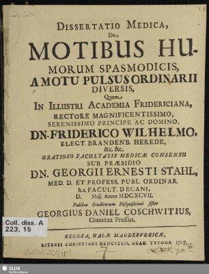 Dissertatio Medica, De Motibus Humorum Spasmodicis, A Motu Pulsus Ordinarii Diversis