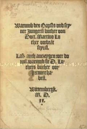 Warum des Papstes und seiner Jünger Bücher von Doktor Martin Luther verbrannt worden sind