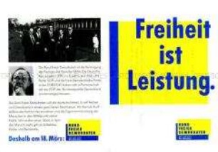Flugblatt des Bundes Freier Demokraten zur Volkskammerwahl der DDR am 18.03.90 / Rückseite: Einladung zur Wahlkundgebung am 6. März 1990