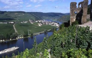Mosel - Burgruine Beilstein : Landschaft an der Mosel mit Burg Metternich, aufgenommen 2001