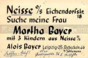 Handgeschriebene Suchanzeige eines Mannes aus Neisse