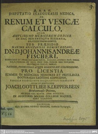 Disputatio Inauguralis Medica, De Renum Et Vesicae Calculo