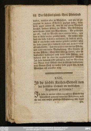 XXIX. Ist die höchste Kirchen-Gewalt von der höchsten Gewalt im weltlichen Regimente zu trennen?