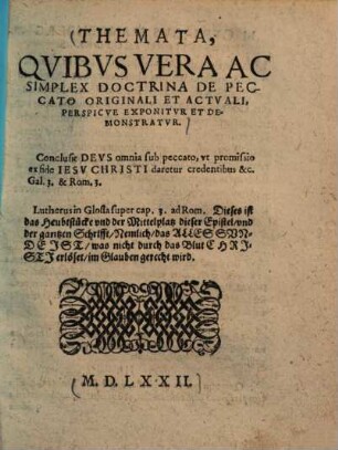 Themata quibus vera ac simplex doctrina de peccato originali et actuali perspicue exponitur et demonstratur