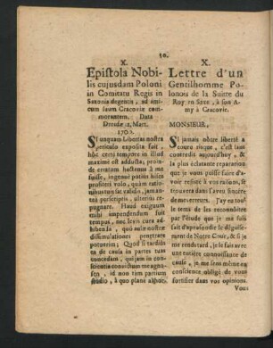 X. Epistola Nobilis cuiusdam Poloni in Comitatu Regis in Saxonia degentis, ad amicum suum Cracoviae commorantem. Data Dresdae 12. Mart. 1700.