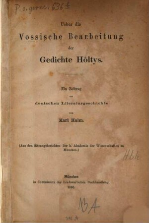 Ueber die Vossische Bearbeitung der Gedichte Höltys