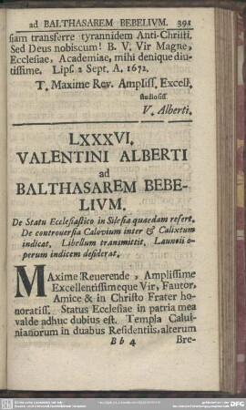 LXXXVI. Valentini Alberti ad Balthasarem Bebelium