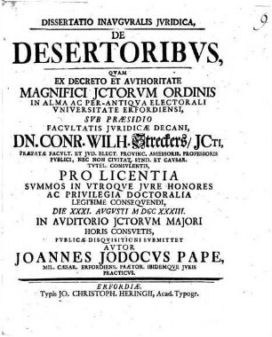Dissertatio inauguralis iuridica de desertoribus