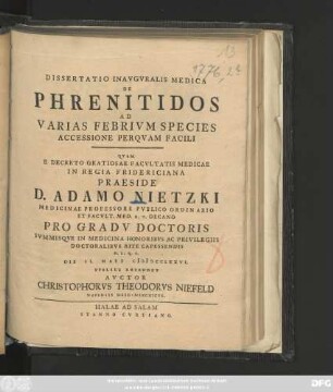 Dissertatio Inavgvralis Medica De Phrenitidos Ad Varias Febrivm Species Accessione Perqvam Facili