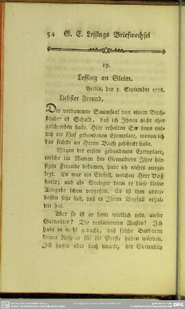 19. Lessing an Gleim. Berlin, den 5. September 1758