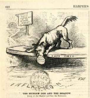 The hungry dog and the shadow. Grasp at the Shadow and lose the Substance : ein Hund lässt von einer Brücke aus wertlose Greenbacks in einen Fluss fallen, der die Inflation darstellt
