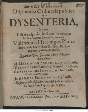 Disputatio Ordinaria publica De Dysenteria