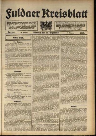 Erste Ausgabe vom Mittwoch, den 10. September 1913.