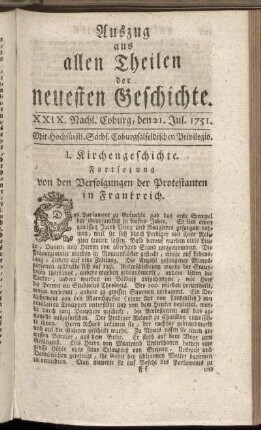XXIX. Nachl. Coburg, den 21. Jul. 1751.