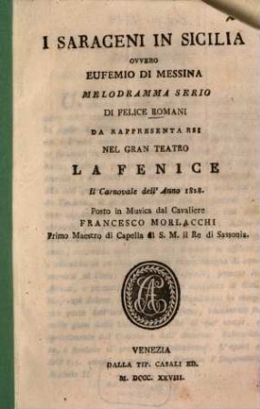 I Saraceni in Sicilia ovvero Eufemio di Messina : Melodramma serio