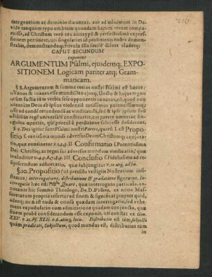Caput Secundum exponens Argumentum Psalmi, eiusdemque Expositionem Logicam pariter atque Grammaticam.