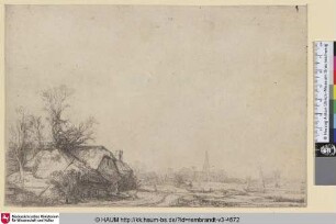 [Hütte an einem Kanal mit Ansicht von Ouderkerk; Cottage beside a Canal with a View of Ouderkerk; La barque à la voile]