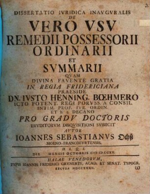Diss. iur. inaug. de vero usu remedii possessorii ordinarii et summarii